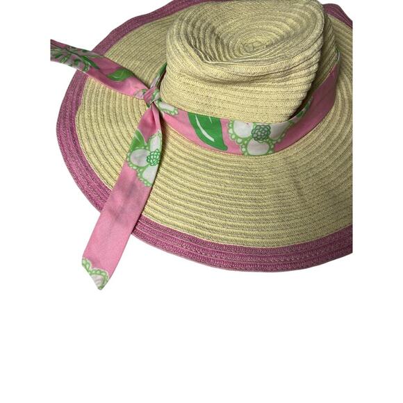 Lilly Pulitzer Straw Sun Hat Wide Brim‎ Pink Trim Floppy Beach Scarf Band #33499 - Picture 4 of 12